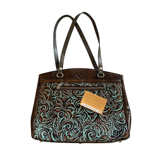 Patricia Nash Poppy Top Zip Tote Turquoise Embossed Leather Floral Design 14x10 - Picture 1 of 16